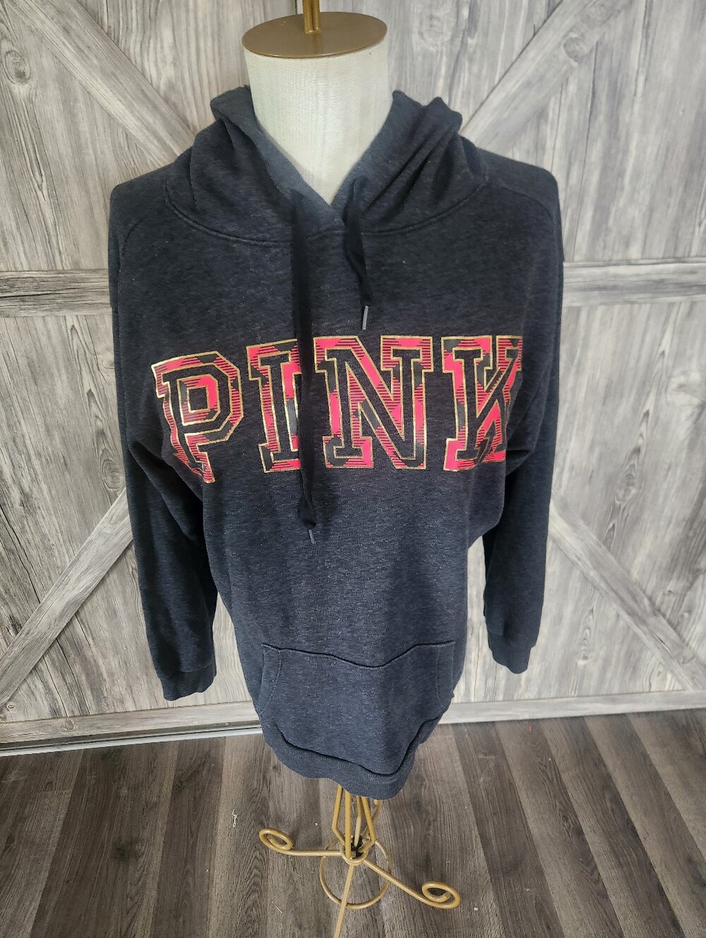 PINK Victoria's Secret Dark Charcoal Hoodie with Plaid Pink  Logo